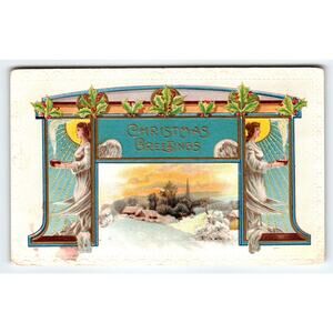 Vintage 1910 Divided Back Christmas Greetings Postcard with Angel & Snow Scene